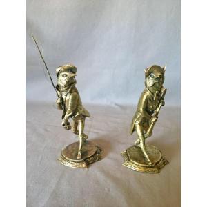 Humorous Bronze Candlesticks Hunting And Fishing