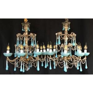 Pair Of Chandeliers And Pair Of Matching Tassel And Blue Opaline Sconces