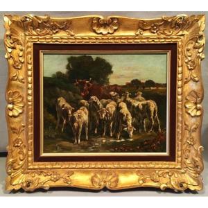 Oil On Canvas Late 18th Century Cow And Sheep