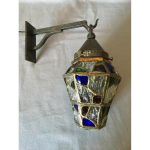 Wrought Iron And Stained Glass Wall Lamp
