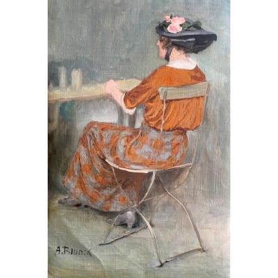 A. Blunck, Tableau  Femme De Dos Attablée Dans Un Café 