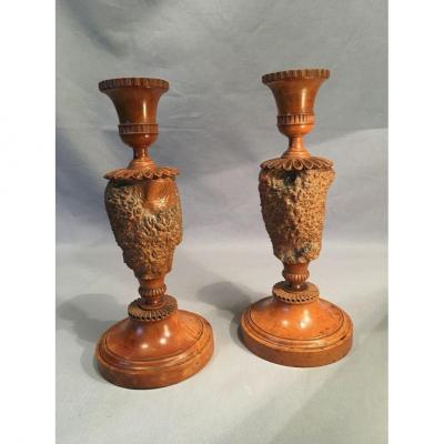 Pair Of Candlesticks Charles X In Turned Wood