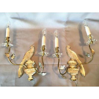 Pair Of Maison Bagues  Wall Lights Perruche Or Parrot.