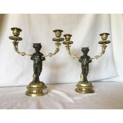 Pair Of Candelabra In Bronze And Brass Nineteenth.