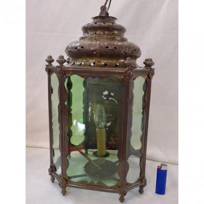 Large Octogonal Lantern In Patinated Brass