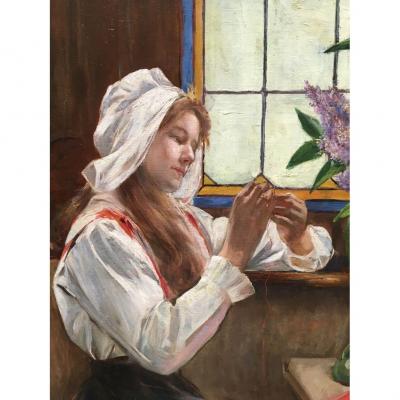  Oil On Canvas Young Woman Sewing