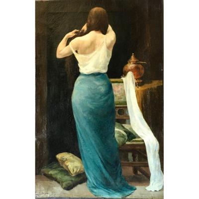 Painting Woman From Back Braiding Her Hair Signed Constant Dratz