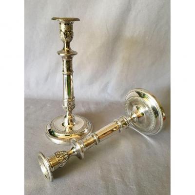 Paire De Bougeoirs En Métal Argenté Début XIXe