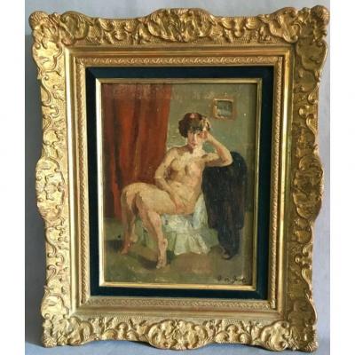 Oil On Canvas Naked Sitting Signed Odette Des Garets