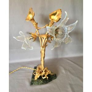 Lampe Art Nouveau Floral en Bronze Doré