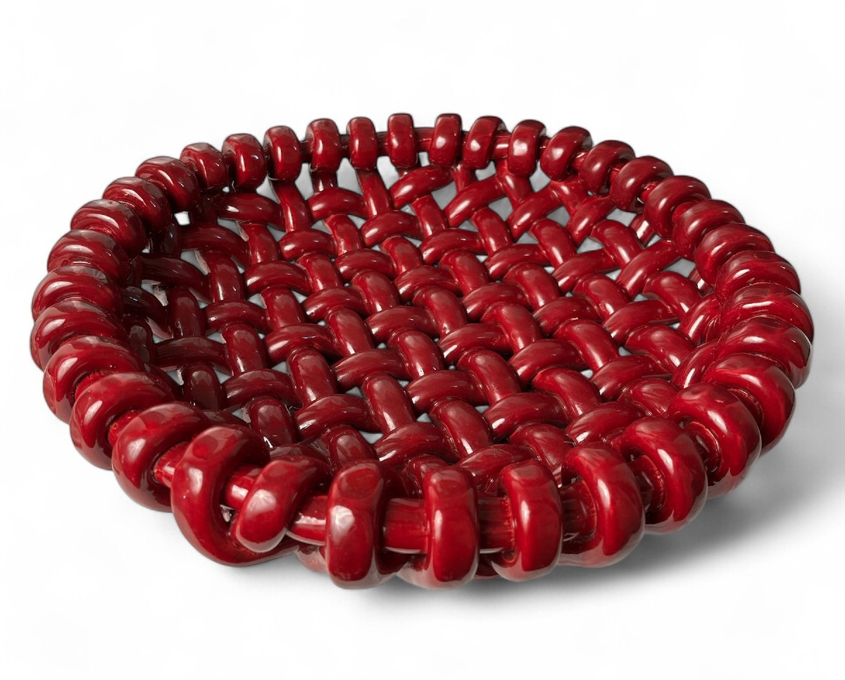 Woven Basket In Glazed Ceramic Signed Jérôme Massier In Vallauris.-photo-2