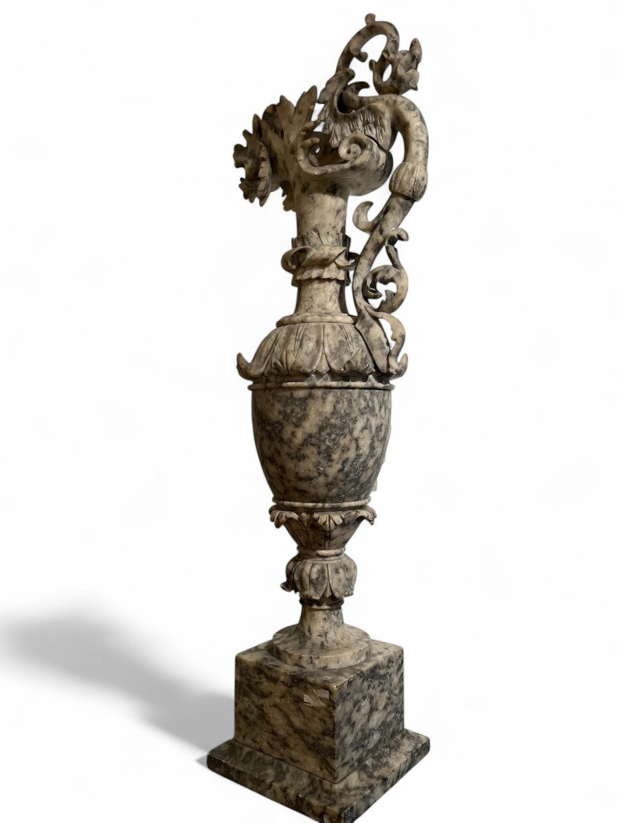 Paire De Grandes Aiguières En Albâtre Sculpté- Italie, Fin XIXe Siècle-photo-4