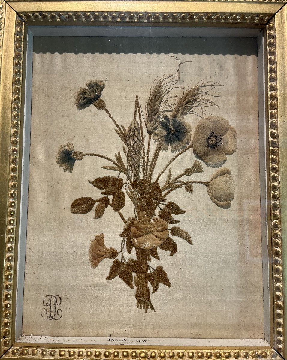 Paire de tableaux aux broderies florales en soie- Époque XIXe siècle-photo-3