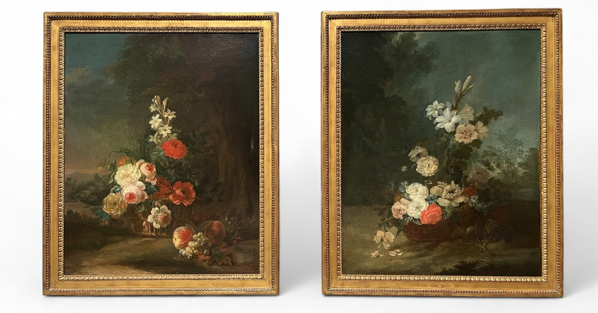 Pair Of Oils On Canvas - Floral Compositions In A Landscape In The Style Of Oudry