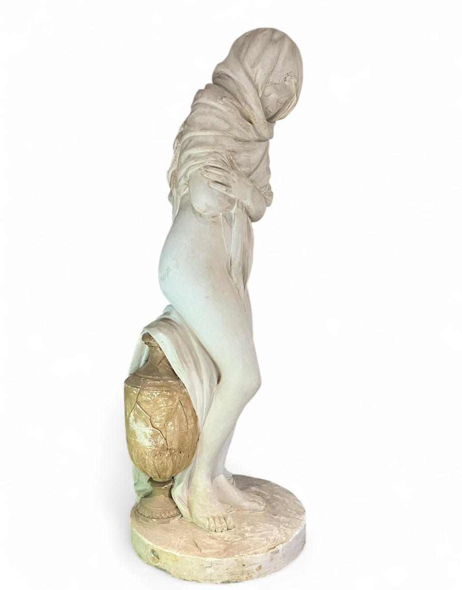 Large Plaster Statue: Veiled Vestal With Urn, Water Carrier, 19th Century-photo-2