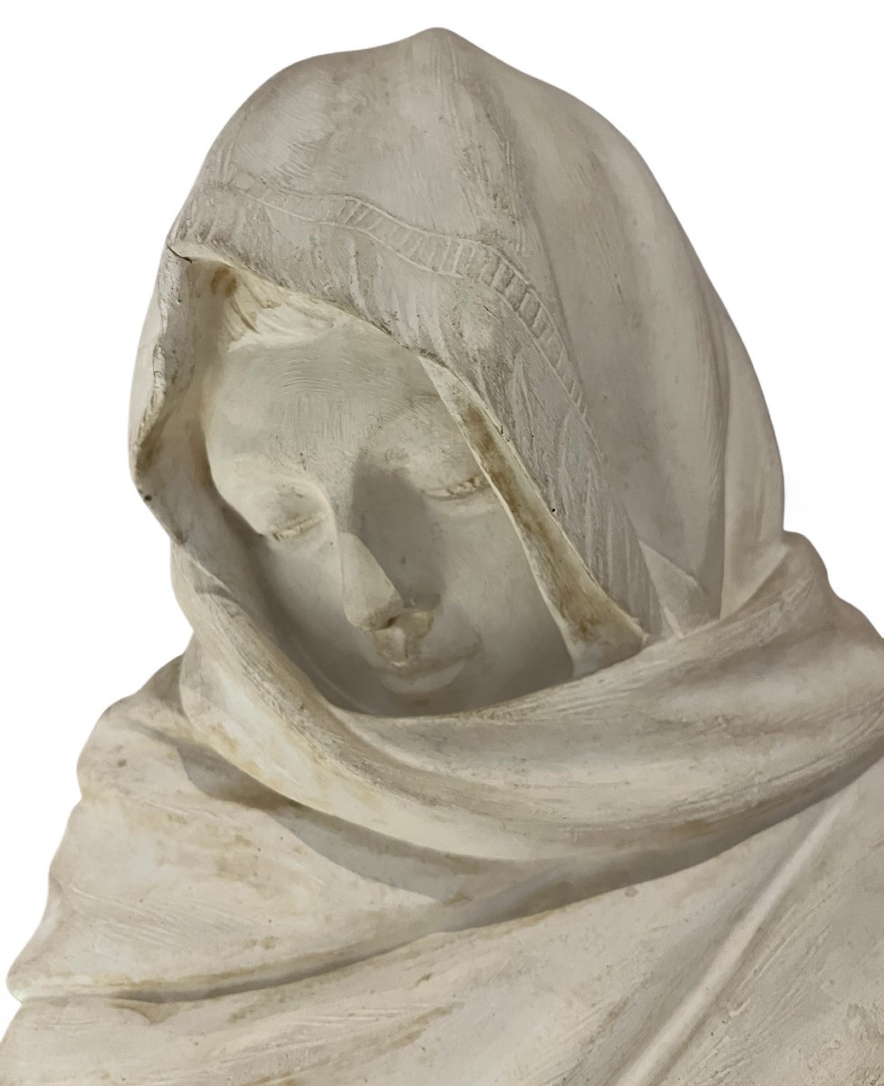 Large Plaster Statue: Veiled Vestal With Urn, Water Carrier, 19th Century-photo-3
