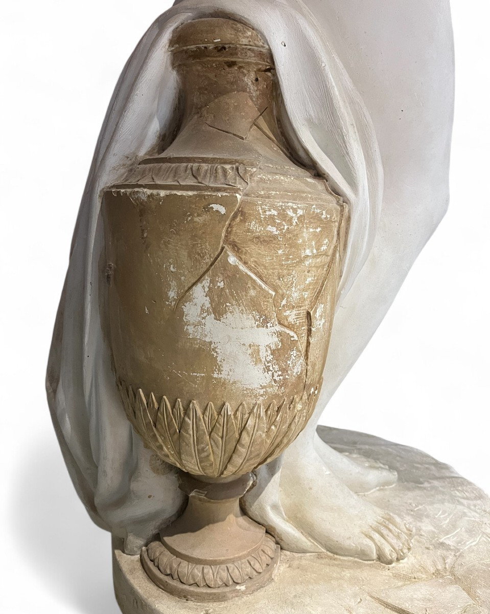 Large Plaster Statue: Veiled Vestal With Urn, Water Carrier, 19th Century-photo-1