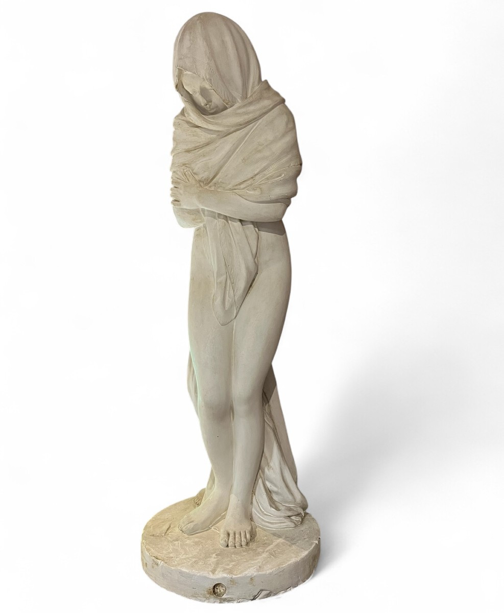Large Plaster Statue: Veiled Vestal With Urn, Water Carrier, 19th Century-photo-5