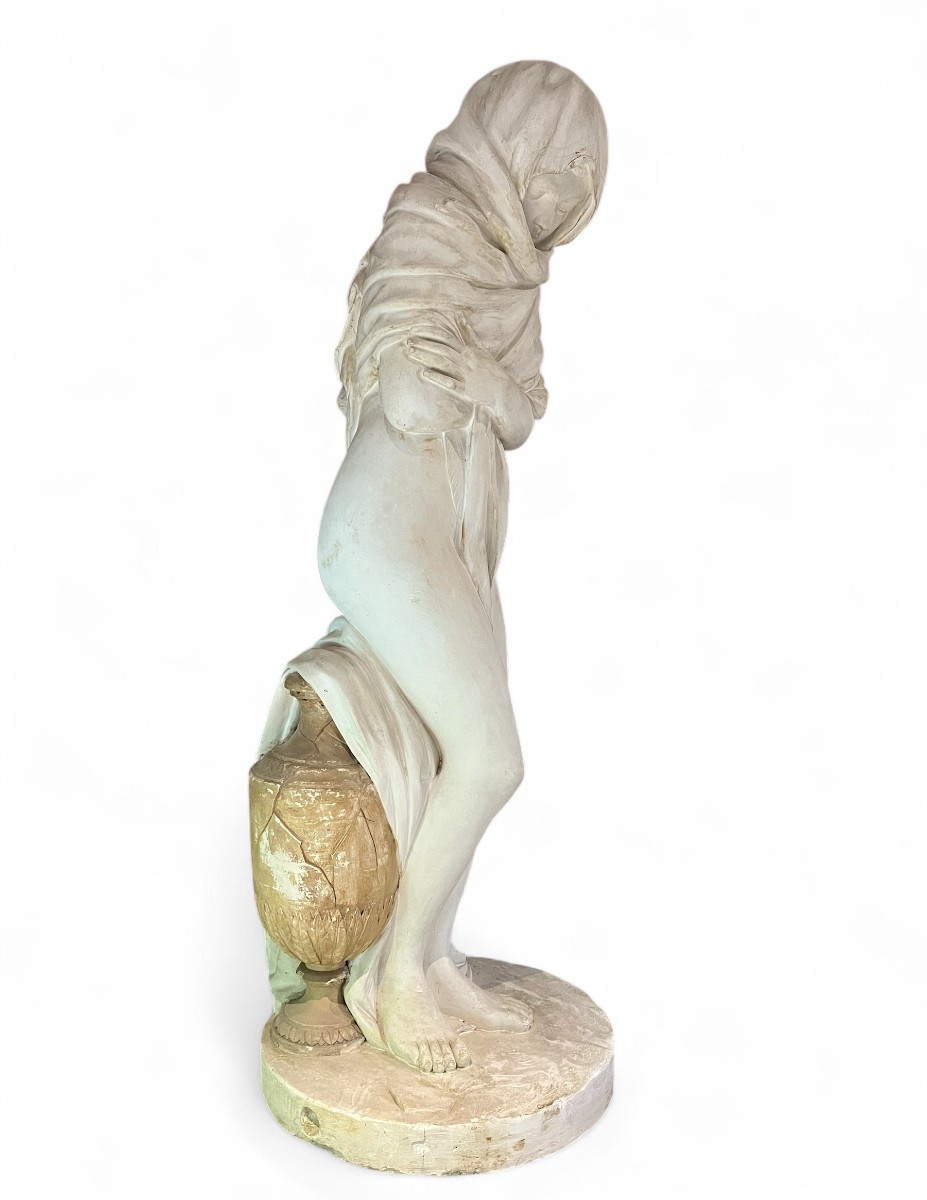 Large Plaster Statue: Veiled Vestal With Urn, Water Carrier, 19th Century