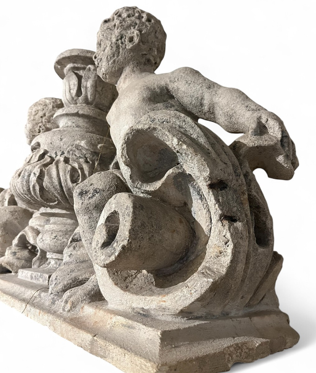 Stone Sculpture Representing Two Putti And An Urn, Renaissance Period, 16th Century-photo-3