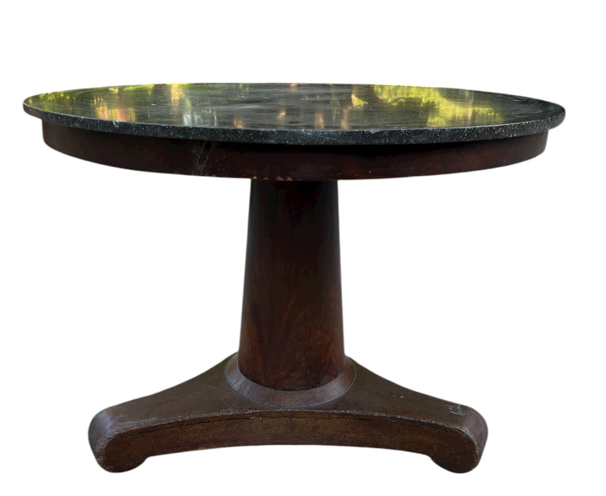 Walnut And Walnut Veneer Pedestal Table, Marble Top, 19th Century