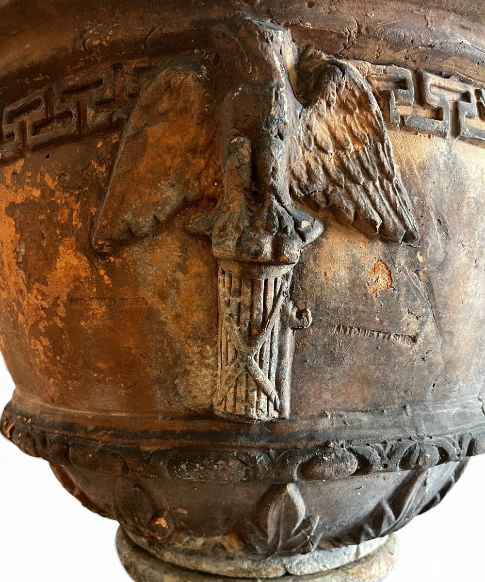 Paire de vasques en terre cuite signées Antoinetti Sienne, Italie XIXe siècle-photo-3