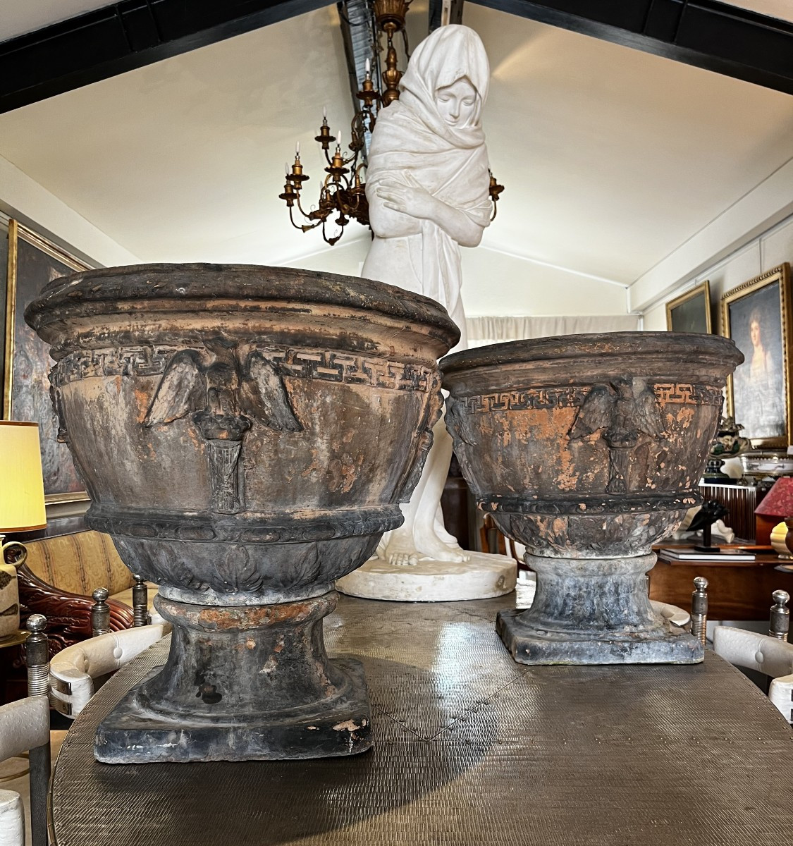 Paire de vasques en terre cuite signées Antoinetti Sienne, Italie XIXe siècle-photo-2