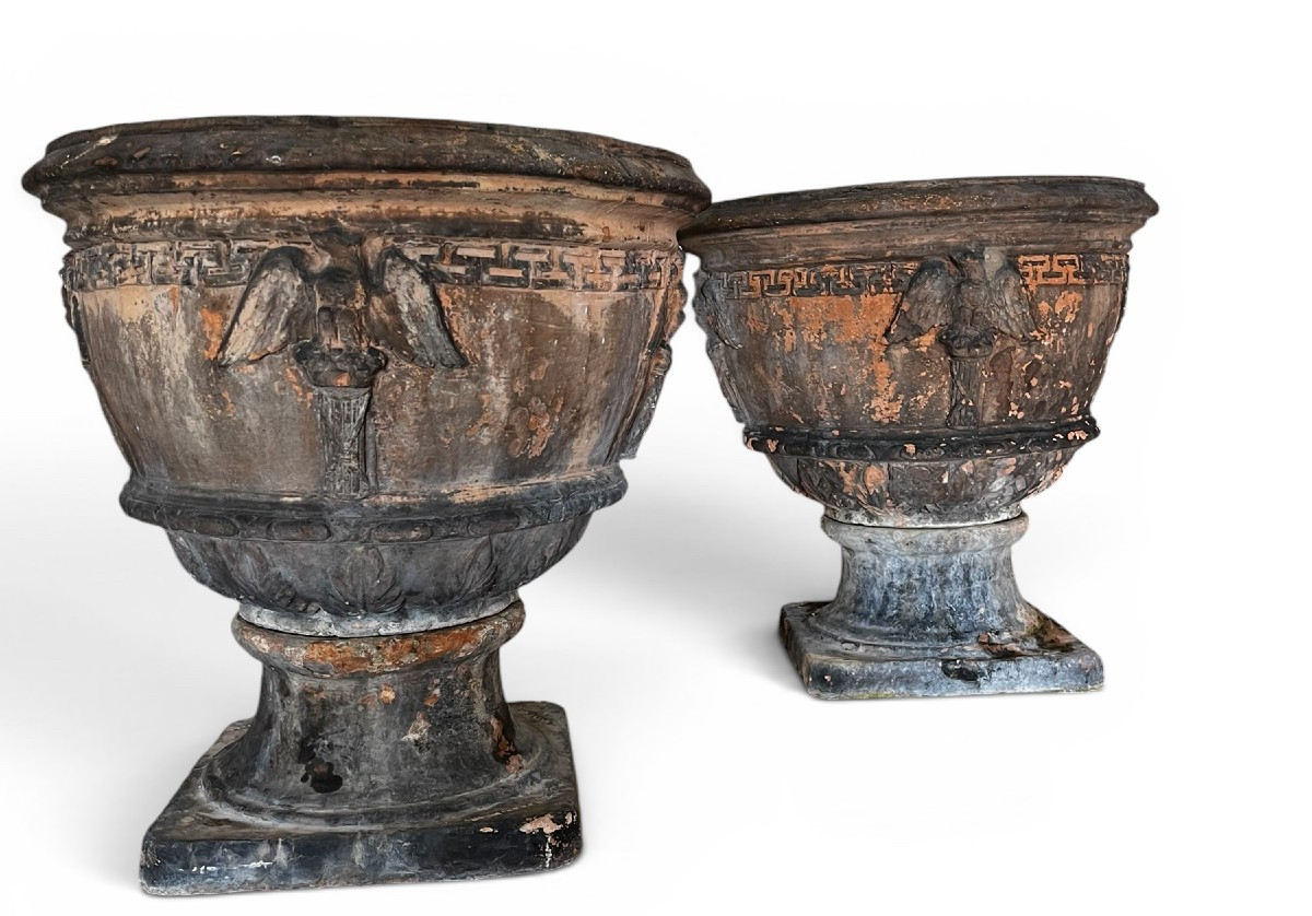 Paire de vasques en terre cuite signées Antoinetti Sienne, Italie XIXe siècle