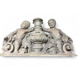 Stone Sculpture Representing Two Putti And An Urn, Renaissance Period, 16th Century