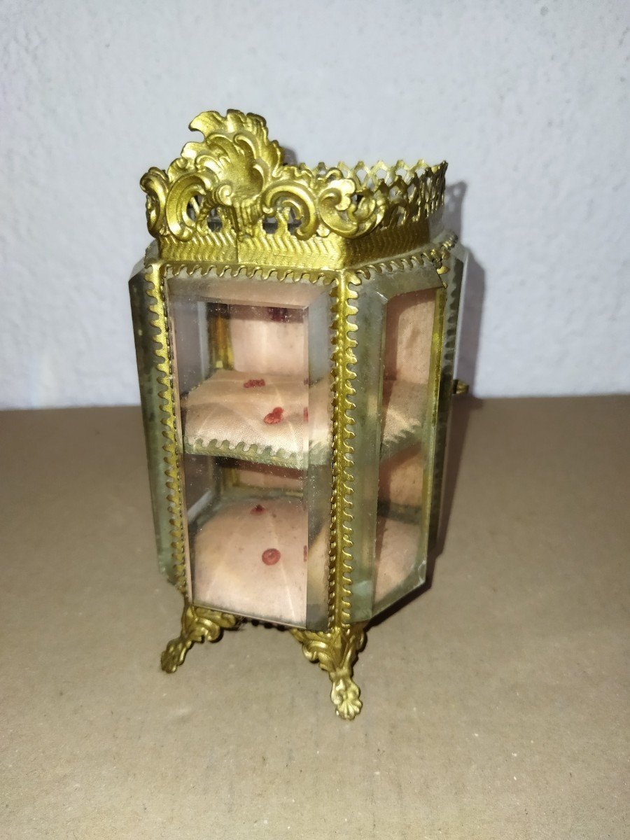 NAPOLÉON III Coffret A Bijoux Vitrine capitonnée A étage Laiton Et Verres Biseautés-photo-2