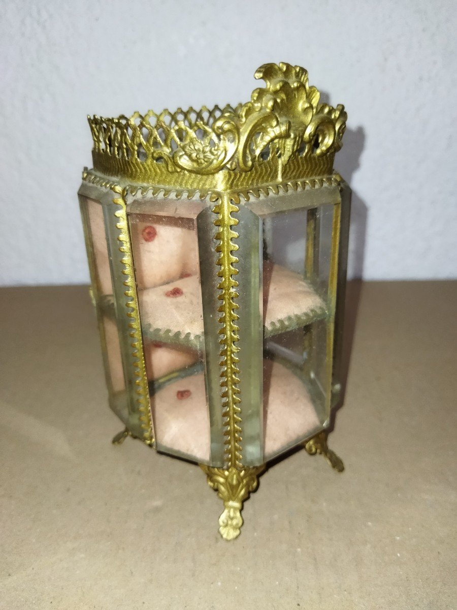 NAPOLÉON III Coffret A Bijoux Vitrine capitonnée A étage Laiton Et Verres Biseautés-photo-3