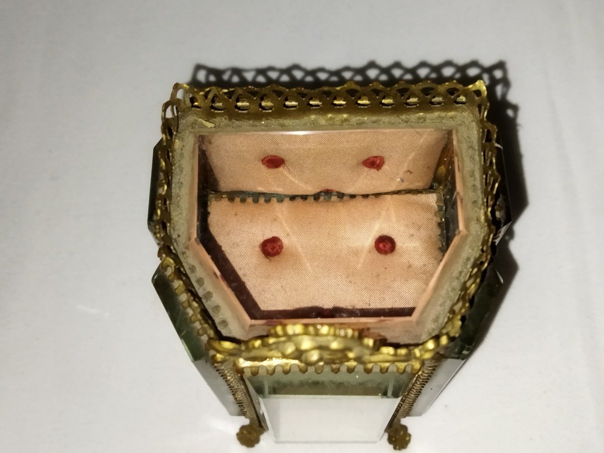 NAPOLÉON III Coffret A Bijoux Vitrine capitonnée A étage Laiton Et Verres Biseautés-photo-7
