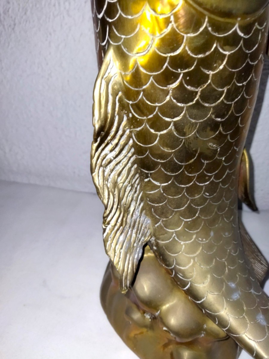 Japan Large Bronze Koi Carp Vase On Pedestal Wave Decor 45cms-photo-2