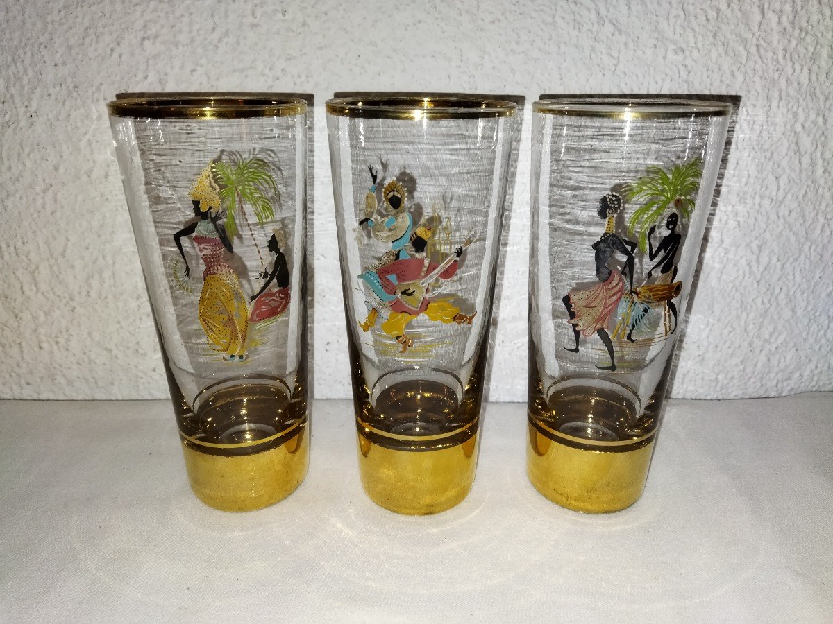 6 Verres Dorés à Orangeade Vintage  Décor De Personnages Africains Peints à la Main-photo-1