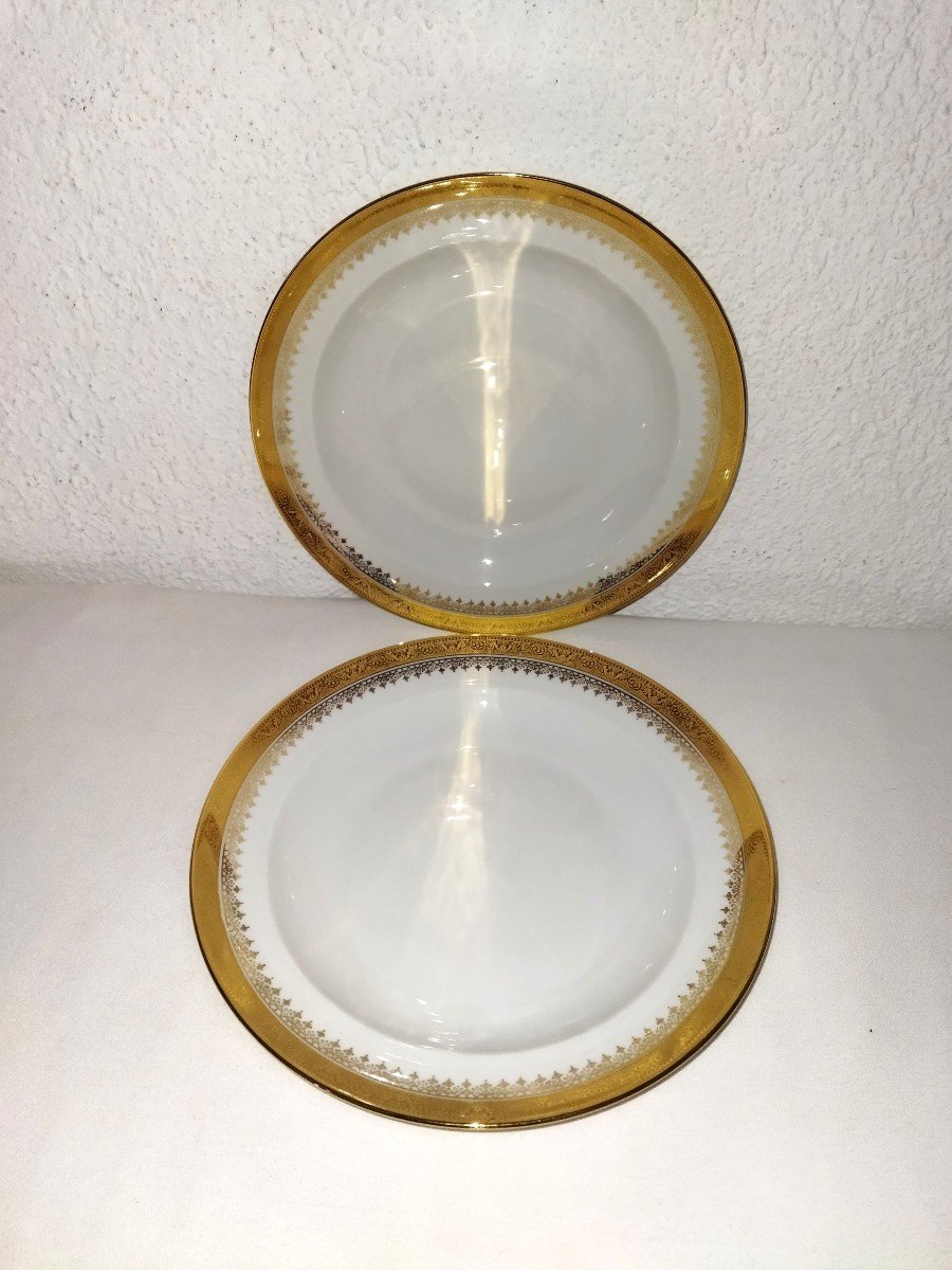 LIMOGES 12 Assiettes Creuses En Porcelaine Dorée  "UNIC Paris"-photo-6
