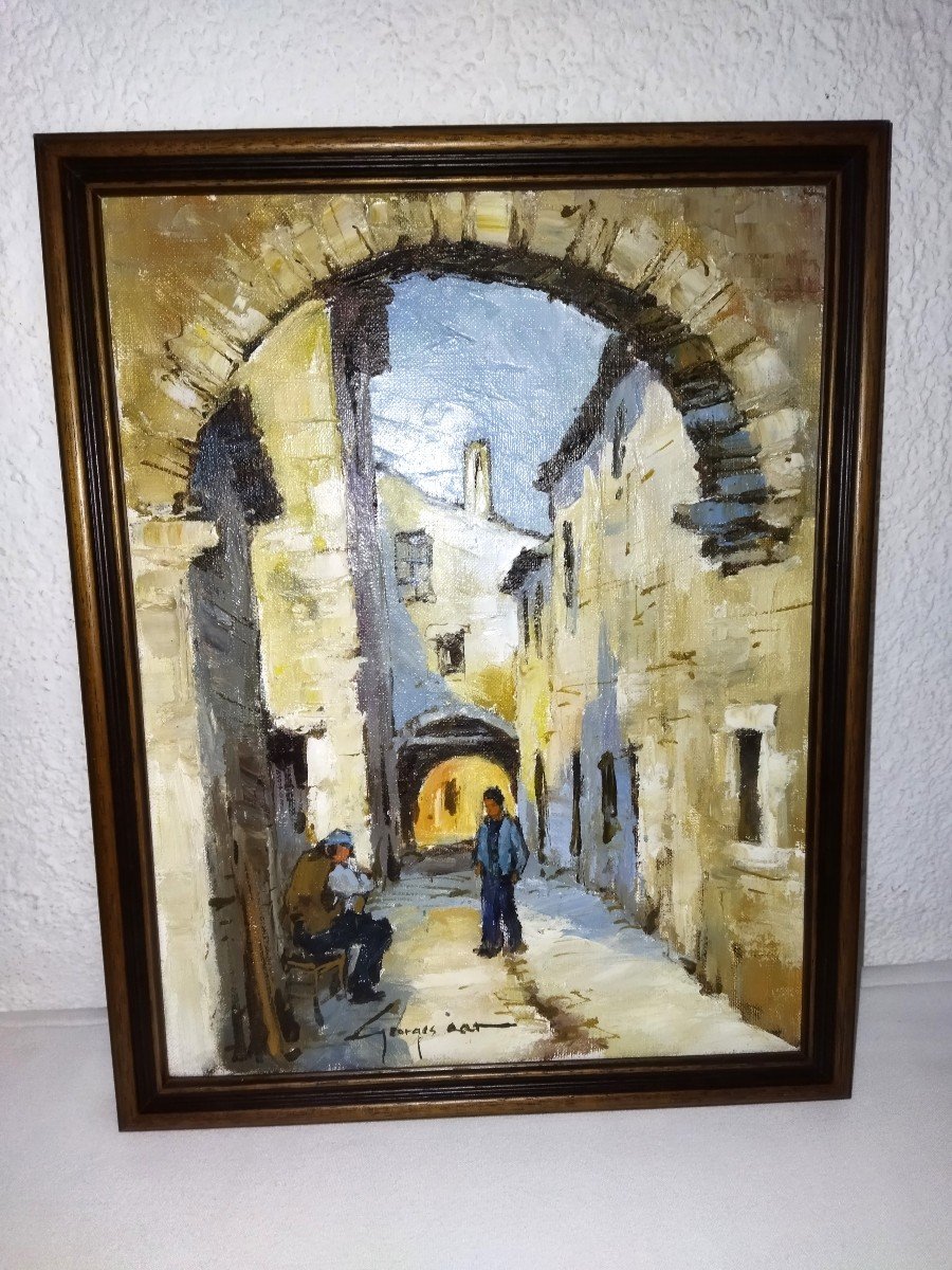 Georges Car Painting On Canvas Regionalist Painter Stone Village Animated Scene