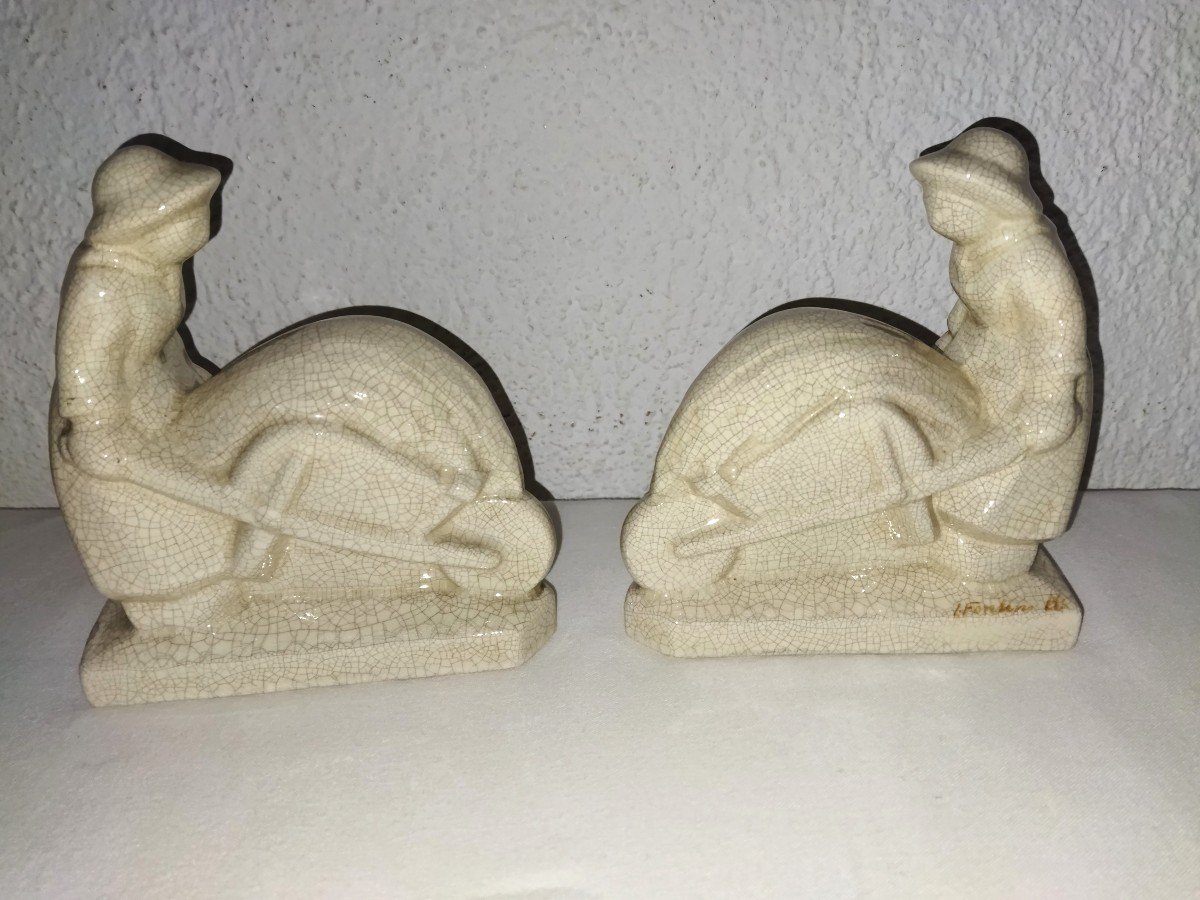 Fontinelle Art Deco Pair Of Cracked Earthenware Bookends "peasant Woman With Wheelbarrow"-photo-3