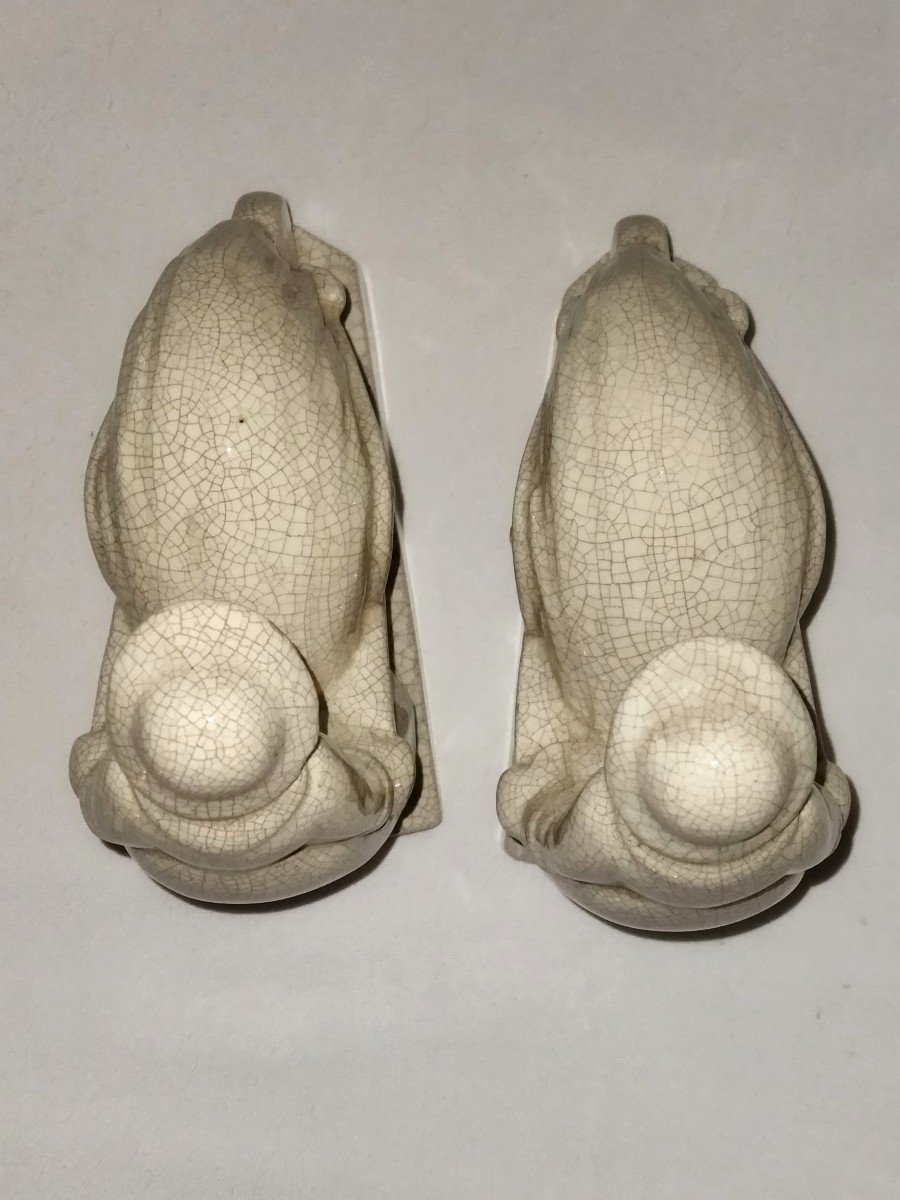Fontinelle Art Deco Pair Of Cracked Earthenware Bookends "peasant Woman With Wheelbarrow"-photo-3