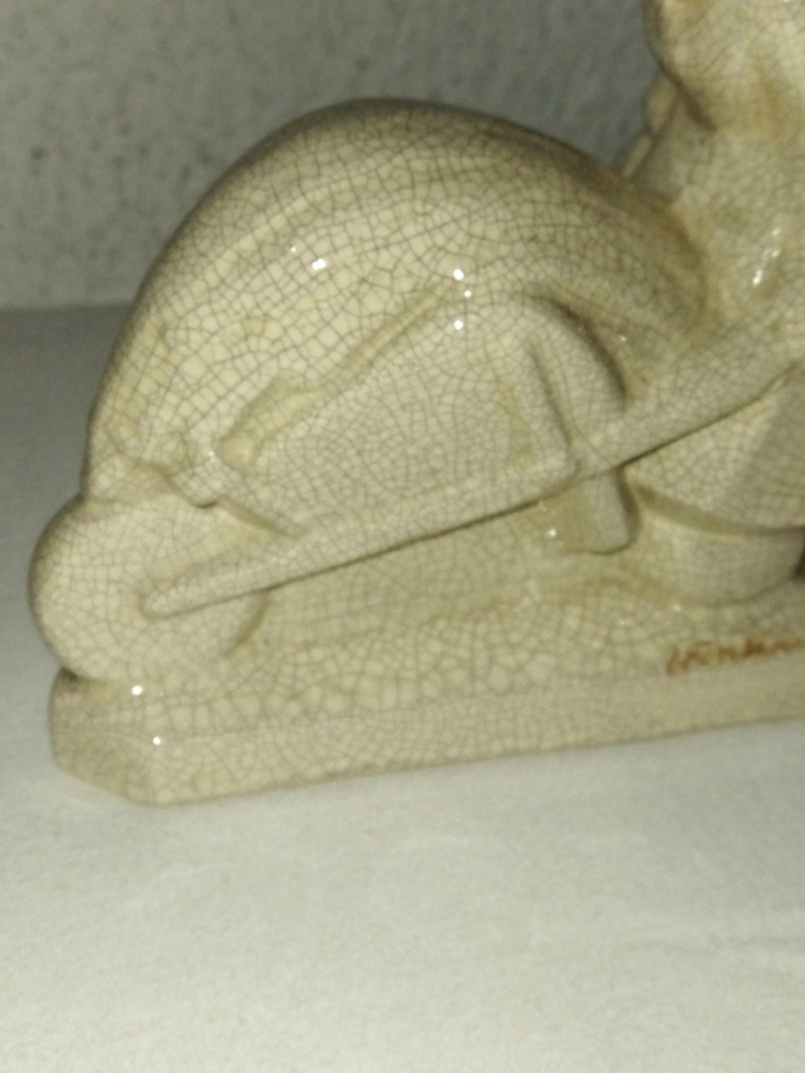Fontinelle Art Deco Pair Of Cracked Earthenware Bookends "peasant Woman With Wheelbarrow"-photo-4