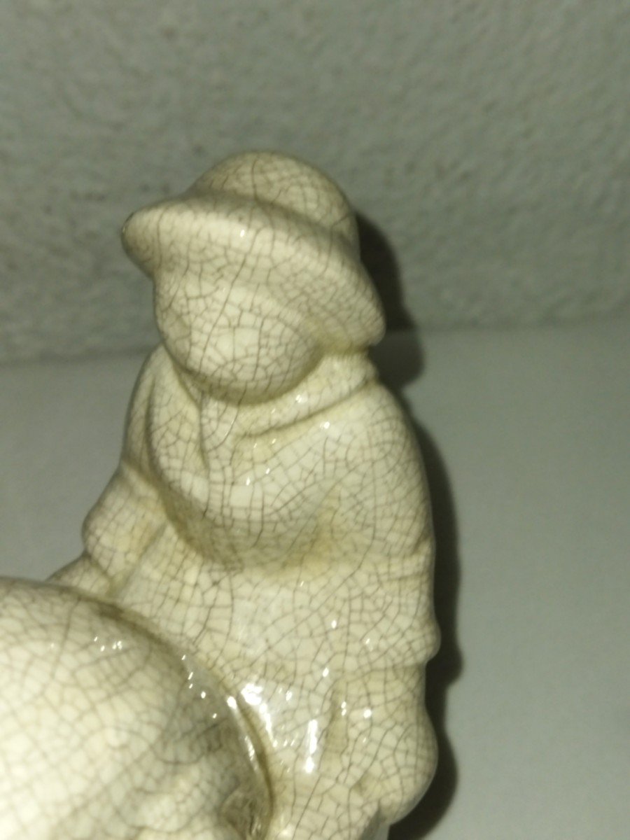 Fontinelle Art Deco Pair Of Cracked Earthenware Bookends "peasant Woman With Wheelbarrow"-photo-5