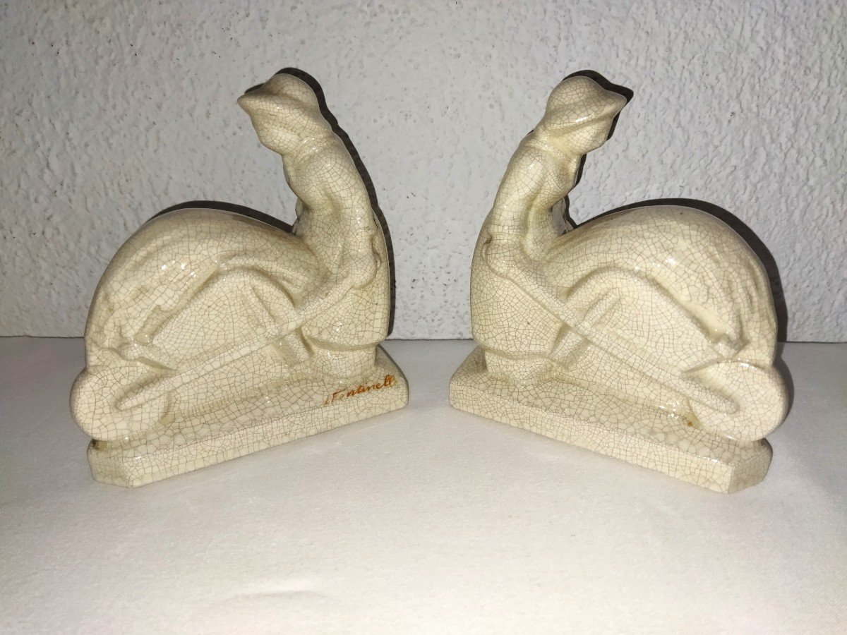 Fontinelle Art Deco Pair Of Cracked Earthenware Bookends "peasant Woman With Wheelbarrow"