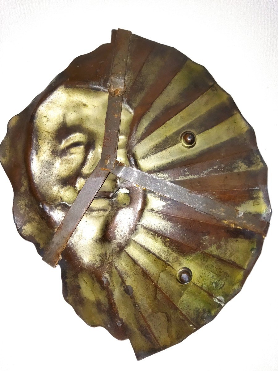 Oeuvre Anthropomorphique japonisante Métal Cuivré Visage Homme Théâtre  Décor aux  Grues-photo-2