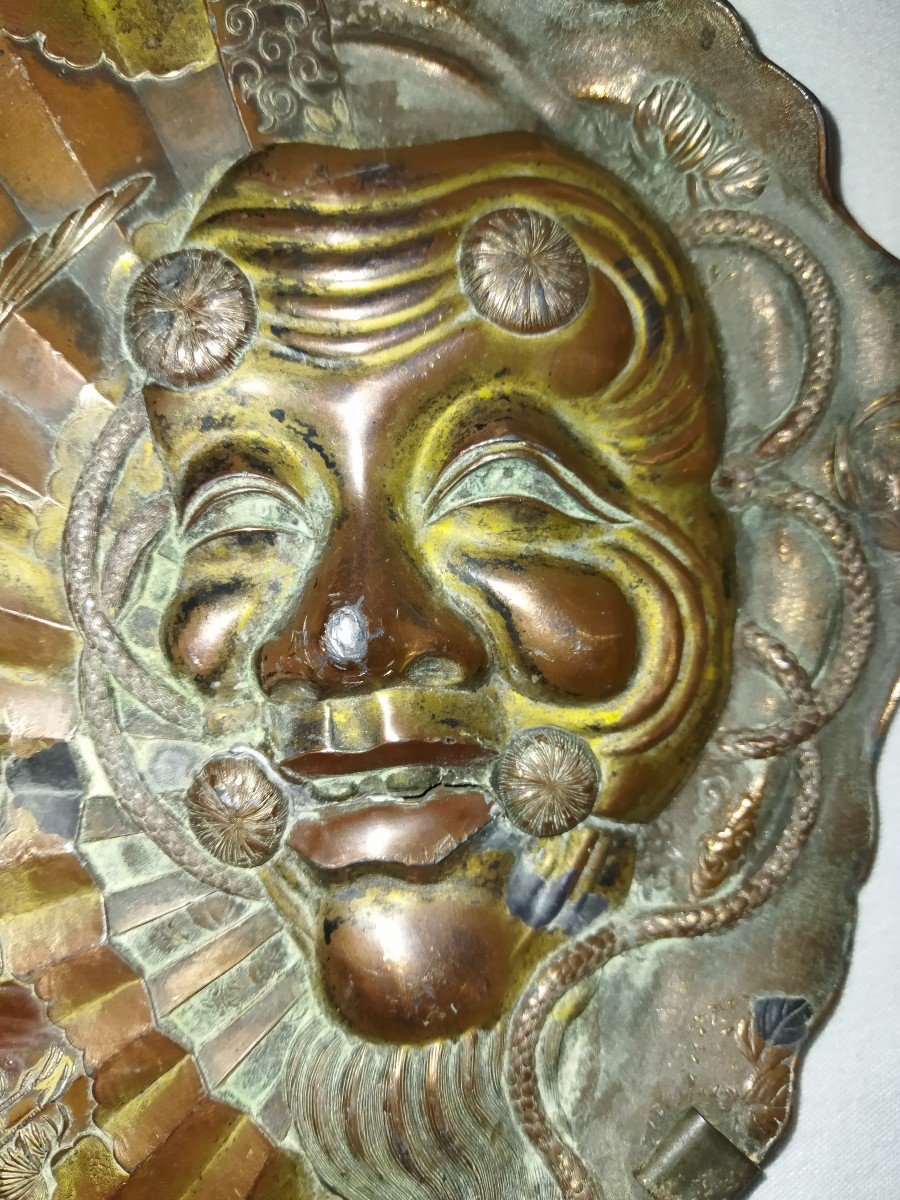 Oeuvre Anthropomorphique japonisante Métal Cuivré Visage Homme Théâtre  Décor aux  Grues-photo-6