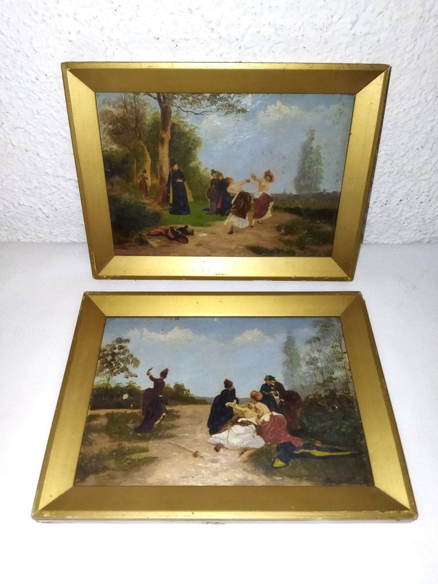 Bayard Emile-antoine Pair Of Paintings On Wooden Panels Dueling Fencers