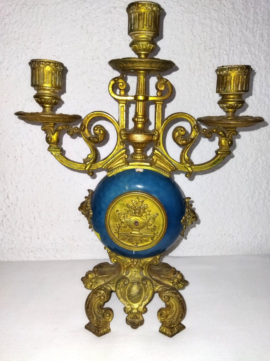 NAPOLEON III  Chandelier 3 Feux  Bronze et Faience émaillée turquoise à Motifs floral colorés -photo-2