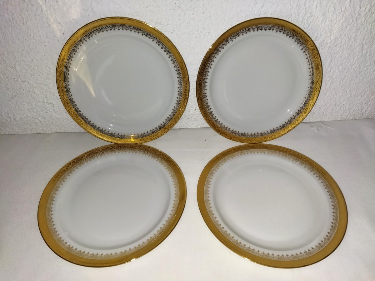 LIMOGES 12 Assiettes à Dessert En Porcelaine Dorée  "UNIC Paris"-photo-3