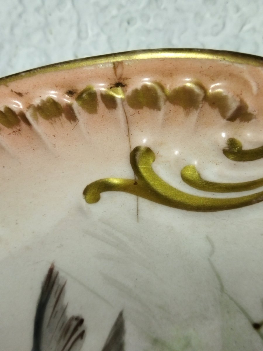 Large Decorative Dish With Animal Decor "with Chickadees" Scalloped Edges And Gilding-photo-2