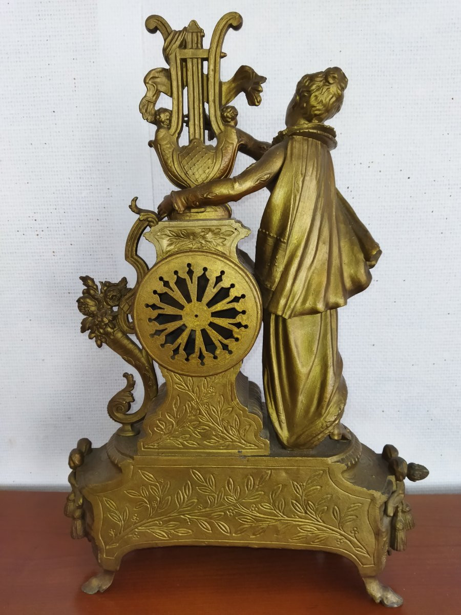 PENDULE  de Cheminée Horloge Régule Doré Pieds Sabots "MUSICIENNE A LA LYRE"  XIX -photo-3