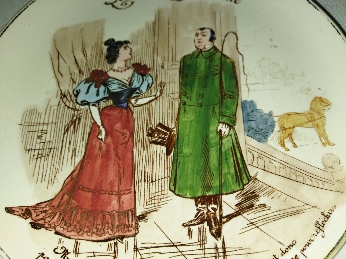 CREIL & MONTEREAU  Série De 8 Assiettes En Faience Ancienne Légendée "La Vie Amusante"-photo-6