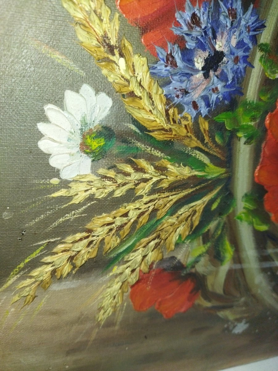 Oil On Canvas Still Life "poppies And Ears Of Wheat" Girardet-photo-4